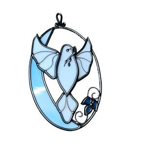 Vintage 3D White Dove Stained Glass Suncatcher Oval Frame Window Hanging Decor